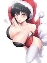  armpits black_bra black_hair bra breasts collarbone covered_navel enryuu_(rmxs3488) female fur-trimmed_headwear fur-trimmed_leotard fur_trim hat highres large_breasts leotard merry_christmas original pom_pom_(clothes) red_eyes red_leotard sack santa_hat santa_leotard signature solo thighhighs twitter_username underwear white_thighhighs 