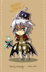  1boy ahoge bad_id bad_pixiv_id black_wings blue_eyes book book_on_head brown_footwear capelet chibi commentary_request copyright_name dated full_body fur-trimmed_capelet fur_trim gloves high_collar high_wizard_(ragnarok_online) holding holding_staff looking_at_viewer male_focus object_on_head open_mouth pants puff_of_air ragnarok_online red_capelet reload9_yohji rideword_(ragnarok_online) shaded_face shirt shoes short_hair staff standing sweatdrop triangle_mouth white_gloves white_hair white_pants white_shirt wings 