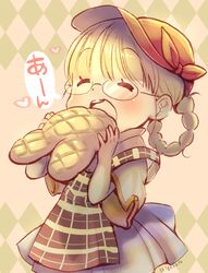  ^_^ apron blonde_hair blunt_bangs blush bread chibi closed_eyes diamond_(shape) dress eating female food hair_rings happy hat heart highres holding holding_food made_in_abyss melon_bread open_mouth plaid plaid_apron red_hat riko_(made_in_abyss) short_sleeves solo speech_bubble toro_astro 