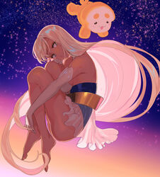  :3 :d alternate_hairstyle bare_shoulders barefoot blonde_hair breasts creature dark-skinned_female dark_skin elbow_gloves female fetal_position floating floating_hair from_side full_body gloves gradient_background halterneck hand_on_own_knee hand_up highres hololive hololive_english hugging_own_legs large_breasts layered_clothes long_hair looking_at_viewer looking_to_the_side mascot original outstretched_arm pako_(pakosun) plantar_flexion pleated_skirt sanallite_(tsukumo_sana) see-through sideways_glance skirt smile sparkle tsukumo_sana tsukumo_sana_(1st_costume) very_long_hair virtual_youtuber white_skirt yellow_eyes 