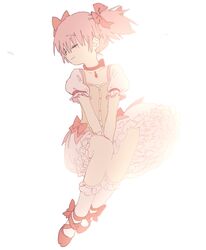  bad_id bad_twitter_id bow choker closed_eyes collarbone dress facing_to_the_side female hair_behind_ear hairbow highres invisible_chair kaname_madoka kaname_madoka_(magical_girl) magical_girl mahou_shoujo_madoka_magica mahou_shoujo_madoka_magica_(anime) pink_dress pink_hair red_bow red_choker red_footwear short_hair simple_background sitting smile so_nagi_(artist) solo twintails white_background 