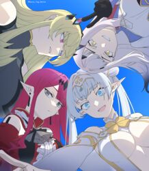  4girls baobhan_sith_(fate) baobhan_sith_(first_ascension)_(fate) bare_shoulders barghest_(fate) barghest_(second_ascension)_(fate) black_dress black_gloves blonde_hair blue_dress blue_eyes blue_sky breasts britomart_(fate) britomart_(second_ascension)_(fate) brown_eyes capelet center_frills center_opening cleavage detached_collar detached_sleeves double_bun dress earrings elbow_gloves fate/grand_order fate_(series) forked_eyebrows frills gloves gold_trim green_eyes grey_eyes grey_hair grin hair_bun hairband heterochromia highres horns house_tag_denim jewelry korean_commentary large_breasts long_hair long_sleeves looking_at_viewer melusine_(fate) melusine_(second_ascension)_(fate) multiple_girls open_mouth pink_hair pointy_ears red_dress red_eyes sidelocks sky small_breasts smile taut_clothes taut_dress tiara twintails very_long_hair white_capelet white_dress white_gloves white_hair 