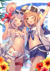  2girls ;3 ;d animal_ears arm_up belt blue_shorts blush breasts crop_top dog_ears dog_girl dog_tail erune fake_animal_ears granblue_fantasy groin highleg highres holding_hands homaderi looking_at_viewer midriff miniskirt mouse_ears multiple_girls navel official_alternate_costume one_eye_closed open_mouth red_eyes sailor_collar scrunchie shirt short_shorts shorts skirt sleeveless sleeveless_shirt small_breasts smile star-shaped_eyewear star_(symbol) stomach strap_gap tail vajra_(granblue_fantasy) vajra_(summer)_(granblue_fantasy) vikala_(blooming_summer_wallflower)_(granblue_fantasy) vikala_(granblue_fantasy) white_hair white_shirt white_skirt wrist_scrunchie 