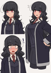  ! black_cardigan black_hair black_skirt black_sweater blush cardigan collared_shirt commentary female full-face_blush grey_background highres multiple_views nakta necktie open_mouth original red_eyes red_necktie school_uniform shirt skirt smile surprised sweater symbol-only_commentary upper_body white_shirt you&#039;re_under_my_skin! 