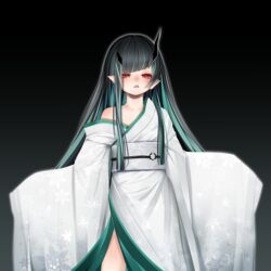  absurdres alternate_costume black_hair blue_hair blush commentary_request demon_girl demon_horns doryudory feet_out_of_frame female flat_chest floral_print gradient_background grey_background highres horns japanese_clothes kimono long_hair long_sleeves looking_at_viewer multicolored_hair nanashi_inc. obi off_shoulder open_mouth pointy_ears red_eyes sash shishio_chris sleeves_past_fingers sleeves_past_wrists solo sugar_lyric two-tone_hair virtual_youtuber white_kimono white_sash wide_sleeves 