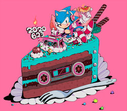  1boy aimf boombox cake candle chili_dog chocolate_cake dated english_text food fork fruit furry furry_male gloves headphones hot_dog jacket leaf male_focus open_clothes open_jacket pink_background red_footwear shoes solo sonic_(series) sonic_the_hedgehog strawberry tongue tongue_out white_gloves 