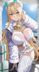  :3 bell blonde_hair blue_sky blush breasts closed_mouth commentary_request female gaitoou goddess_of_victory:_nikke green_eyes green_nails hand_up highres jacket large_breasts long_hair long_sleeves looking_at_viewer nail_polish outdoors rupee_(nikke) rupee_(winter_shopper)_(nikke) sky smile solo sunlight thighhighs white_headwear white_jacket white_thighhighs 