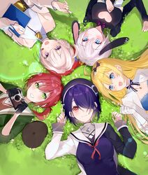  5girls ahoge animal_ears aogiri_koukou bandaid bandaid_on_face blonde_hair blue_eyes blush circle_formation dress gloves grass green_eyes green_jacket hair_between_eyes hair_over_one_eye hat hat_with_ears highres ishikari_akari jacket long_hair looking_at_viewer minazuki_natsuki miwano_rag multiple_girls ooshiro_mashiro otodama_tamako purple_eyes red_hair red_headwear ribbon short_hair smile very_long_hair virtual_youtuber white_hair yamaguro_nekuro yellow_ribbon 