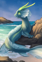  ambiguous_gender aquatic_dragon beach blue_body blue_scales claws cloud day detailed_background dragon ear_frill feral finger_claws frill_(anatomy) green_eyes horn iridescent iridescent_scales looking_back marine membrane_(anatomy) membranous_frill mewitti mythological_creature mythological_scalie mythology open_mouth open_smile outside rock scales scalie sea seaside shaded sky smile solo translucent translucent_membrane water 