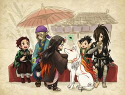  2girls 3boys amaterasu_(ookami) asa_no_ha_(pattern) bandana barefoot black_hair blonde_hair bow dororo_(character) dororo_(tezuka) geta hair_over_one_eye hairbow hyakkimaru_(dororo) issun japanese_clothes kamado_nezuko kamado_tanjirou kimetsu_no_yaiba kimono kusuriuri_(mononoke) long_hair long_sleeves mononoke multicolored_hair multiple_boys multiple_girls okami open_mouth orange_hair pink_bow pointy_ears ponytail purple_bandana sandals sayoyonsayoyo scale_(mononoke) scar scar_on_face scar_on_forehead short_hair sitting sword two-tone_hair weapon wide_sleeves wolf 