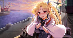  azur_lane black_gloves blonde_hair blush capelet cleveland_(azur_lane) cloud cloudy_sky commentary_request dock embarrassed eyes_visible_through_hair female fingerless_gloves gloves horizon long_hair looking_at_viewer machinery one_side_up red_eyes sidelocks sky solo sunrise takeyaman turret twilight 