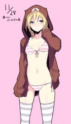  absurdres animal_hood bear_hood bikini biomega blonde_hair breasts closed_mouth female green_eyes highres hood hoodie looking_at_viewer navel pink_bikini sakuma_tsukasa short_hair simple_background small_breasts solo standing striped_bikini striped_clothes striped_thighhighs swimsuit thighhighs yion_green 