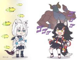  2girls :d animal_ears black_hair black_shirt black_shorts black_skirt choker crossed_arms fate/stay_night fate_(series) fox_ears fox_girl fox_tail gate_of_babylon_(fate) green_eyes grin hatotaurus_(ookami_mio) hololive jojo_no_kimyou_na_bouken jojo_pose kukie-nyan long_hair long_sleeves miniskirt multiple_girls necktie oerba_yun_fang ookami_mio ookami_mio_(1st_costume) open_mouth pleated_skirt pose red_choker red_necktie shirakami_fubuki shirakami_fubuki_(1st_costume) shirt shorts skin_fang skirt smile stand_(jojo) tail thighhighs twitter_username virtual_youtuber white_background white_hair white_thighhighs wide_sleeves wolf_ears wolf_girl wolf_tail yellow_eyes 