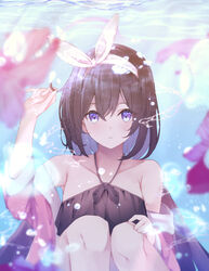  armpits bikini black_bikini black_hair black_wings blue_archive blurry blurry_foreground blush bob_cut collarbone depth_of_field female highres hojiro_same holding holding_own_hair knees_up looking_at_viewer mashiro_(blue_archive) mashiro_(swimsuit)_(blue_archive) official_alternate_costume purple_eyes solo swimsuit underwater wings 