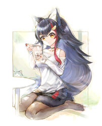  animal_ear_fluff animal_ears black_hair black_pantyhose black_shorts border breasts chopsticks closed_mouth clothing_cutout commentary eating feline female food full_body hair_ornament highres hololive kei_(keigarou) long_hair long_sleeves looking_at_viewer medium_breasts multicolored_hair noodles official_alternate_costume ookami_mio ookami_mio_(casual) orange_eyes outside_border pantyhose red_hair shirt short_shorts shorts shoulder_cutout simple_background sitting sleeves_past_wrists smile solo soumen streaked_hair table taiga_(ookami_mio) tail tail_around_own_leg tail_wrap traditional_media two-tone_hair virtual_youtuber wariza white_background white_shirt wolf_ears wolf_girl wolf_tail 