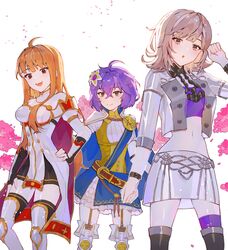  3girls :d absurdres bernadetta_von_varley blonde_hair blue_cape cape celica_(fire_emblem) celica_(fire_emblem)_(cosplay) christine_marie_cabanos cosplay danganronpa_(series) danganronpa_2:_goodbye_despair erica_lindbeck erica_mendez fire_emblem fire_emblem:_three_houses fire_emblem_echoes:_shadows_of_valentia fire_emblem_warriors flower garreg_mach_monastery_uniform grey_skirt grey_vest hair_flower hair_ornament hapi_(fire_emblem) hapi_(fire_emblem)_(cosplay) highres lianna_(fire_emblem) lianna_(fire_emblem)_(cosplay) long_hair looking_at_viewer mariirasuto7 multiple_girls nanami_chiaki navel orange_hair persona persona_5 purple_hair sakura_futaba skirt smile vest voice_actor_connection 