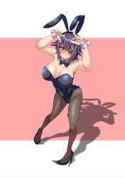  absurdres animal_ears black_footwear blush bow bowtie breasts fake_animal_ears fake_tail female hair_ornament high_heels highres kantai_collection large_breasts leotard medium_hair one-eyed pantyhose playboy_bunny purple_hair rabbit_ears rabbit_tail shadow tail tenryuu_(kancolle) wrist_cuffs yellow_eyes yuudadou 