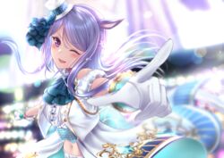  aliasing animal_ears braids gloves long_hair mejiro_mcqueen navel purple_eyes purple_hair rairaisuruyo uma_musume:_pretty_derby wink 