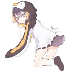  :o all_fours animal_hood bad_id bad_twitter_id black_hoodie brown_hair commentary english_commentary female from_behind highres hood hoodie looking_at_viewer looking_back multicolored_hair nijisanji nijisanji_en open_mouth orange_hair penguin_hood penguin_tail petra_gurin petra_gurin_(1st_costume) purple_eyes short_hair simple_background skirt so_nagi_(artist) solo streaked_hair tail two-tone_hoodie virtual_youtuber white_background white_hoodie white_skirt 