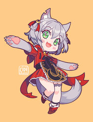  animal_ears animal_hands ankle_strap apron bell black_apron boots braided_hair_rings capelet chibi cipichama crescent crescent_hair_ornament crescent_print fangs female full_body fur-trimmed_hood fur_boots fur_trim gloves green_eyes grey_hair hair_ornament highres hood kamizuki_naki neck_bell notched_ear open_mouth paw_gloves prism_project red_capelet short_hair solo tail virtual_youtuber wolf_ears wolf_girl wolf_tail 