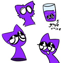  1:1 ambiguous_gender anthro black_eyelids blob_creature container cup dominix_(character) english_text fluffy juice_(disambiguation) messy_fur multiple_images purple_body shocked smug solo text tues 