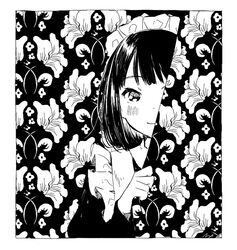  apron blending blunt_bangs blush bob_cut border closed_mouth curtain_grab curtains female floral_print frilled_apron frilled_hairband frills greyscale hairband hand_up hatching_(texture) linear_hatching long_sleeves looking_at_viewer maeya_susumu maid maid-san_wa_taberu_dake maid_apron maid_headdress monochrome official_art one_eye_covered peeking_out short_hair signature smile solo straight-on suzume_(maid-san_wa_taberu_dake) swept_bangs upper_body white_border 