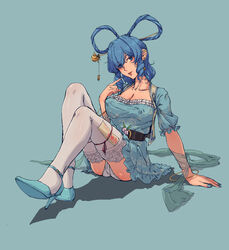  absurdres bad_id bad_pixiv_id bangle belt black_belt blue_dress blue_eyes blue_footwear blue_hair blue_nails blush bracelet breasts cameltoe cleavage commentary covered_nipples d&#039;orsay_heels dress drill_hair drill_sidelocks drop_earrings earrings eyes_visible_through_hair female fingernails frilled_sleeves frills full_body hagoromo hair_between_eyes hair_ornament hair_rings hair_stick high_heels highres jewelry kaku_seiga lace-trimmed_legwear lace_trim large_breasts looking_at_viewer medium_hair nail_polish ofuda open_clothes open_mouth open_vest panties ringlets shawl short_sleeves sidelocks sitting solo stank strappy_heels thighhighs touhou underwear vest white_panties white_thighhighs white_vest 