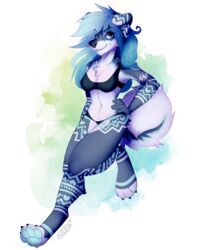  4:5 4_toes 5_fingers anthro black_nose blue_body blue_fur blue_hair breasts canid canine canis chesta clothed clothing digital_media_(artwork) domestic_dog feet female fingers fur hair husky mammal nordic_sled_dog purple_eyes smile solo spitz toes 