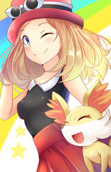  aru_(arudes) blonde_hair blue_eyes blush breasts closed_mouth eyewear_on_headwear female fennekin hat long_hair looking_at_viewer one_eye_closed pokemon pokemon_(creature) pokemon_xy serena_(pokemon) skirt sleeveless smile sunglasses 