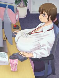  blue_carpet blue_eyes breast_rest breasts breasts_on_table brown_hair carpet chair closed_mouth commentary_request computer_keyboard computer_mouse cup cupboard desk female from_side glasses hair_between_eyes highres huge_breasts id_card indoors katou_(katohayabusa) lanyard long_sleeves looking_at_screen monitor office_chair office_lady original phone pink_scrunchie plant ponytail potted_plant red-framed_eyewear scrunchie shadow shirt sidelocks sitting solo swivel_chair tareme trackball upper_body white_shirt wing_collar 