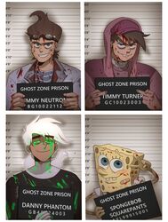  4boys absurdres ahoge animification artist_name bandaid bandaid_on_face barbie_(franchise) barbie_(live_action) barbie_mugshot_(meme) buck_teeth collage colored_skin crossover daniel_fenton danny_phantom danny_phantom_(character) earrings english_commentary english_text evil_grin evil_smile goggles goggles_on_head green_nails grin height_chart highres holding holding_sign hood hoodie izzy_(izbubbles) jewelry jimmy_neutron jimmy_neutron_(series) looking_at_viewer male_focus meme mugshot multiple_boys nickelodeon outline pink_headwear pink_hoodie pink_nails sign smile spongebob_squarepants spongebob_squarepants_(series) teeth the_fairly_oddparents timmy_turner white_hair white_outline yellow_skin 