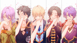  5boys ^_^ absurdres armor blonde_hair blue_eyes blush brown_hair closed_eyes coat collared_shirt column_lineup earrings hachisuka_kotetsu hachisuka_kotetsu_(kiwame) hand_on_another&#039;s_cheek hand_on_another&#039;s_face headband highres japanese_clothes jewelry kasen_kanesada kasen_kanesada_(kiwame) kashuu_kiyomitsu kashuu_kiyomitsu_(kiwame) kissing kissing_hand male_focus mole mole_under_mouth multiple_boys mutsu-no-kami_yoshiyuki mutsu-no-kami_yoshiyuki_(kiwame) necktie petals ponytail purple_hair red_nails red_scarf saniwa_(touken_ranbu) scarf shirt smile solo_focus touken_ranbu twitter_username yamanbagiri_kunihiro yamanbagiri_kunihiro_(kiwame) yellow_eyes yonemaru 