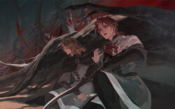  2girls agong black_cloak blood blood_on_clothes boots brown_hair cape cloak dagger elden_ring gloves grey_robe highres holding holding_dagger holding_knife holding_weapon hood hood_down hooded_cloak kindred_of_rot knife melina_(elden_ring) messy_hair millicent_(elden_ring) multiple_girls one_eye_closed plant_roots ponytail red_hair robe short_ponytail wavy_hair weapon white_cape yellow_eyes 