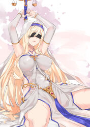  arms_up balance_scale black_blindfold blazingchaos blindfold blonde_hair breasts bridal_gauntlets closed_mouth commentary covered_eyes covered_nipples dress elbow_gloves facing_viewer female gem gloves goblin_slayer! hair_between_eyes holding jewelry large_breasts lips long_hair necklace pelvic_curtain red_gemstone scar scar_on_arm scar_on_leg scar_on_stomach sideless_outfit sidelocks sitting solo sword_maiden wariza weighing_scale white_dress white_veil 