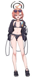  absurdres ahoge alternate_costume asymmetrical_bangs bare_legs bikini black_bikini black_footwear blue_archive braid breasts chains commentary crocs eyewear_on_head female frilled_bikini frills full_body hair_between_eyes halo hands_in_pockets highres huge_ahoge jacket looking_at_viewer mole mole_under_eye navel neru_(blue_archive) neru_(swimsuit)_(blue_archive) open_mouth orange_hair pizzasi red_eyes simple_background single_braid small_breasts solo standing stomach sukajan sunglasses swimsuit white_background 