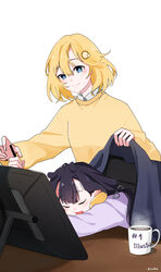  absurdres alternate_costume black_hair blanket blonde_hair blue_eyes coffee_mug cup drawing_tablet hair_ornament highres holding holding_stylus hololive hololive_english lucferz mug multiple_girls ninomae_ina&#039;nis open_mouth shirt short_hair sleeping smile stylus sweater virtual_youtuber watson_amelia 