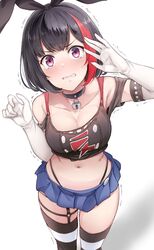  adapted_costume bang_dream! black_choker black_hair blue_skirt blush bow breasts choker cleavage clenched_teeth commentary cosplay crop_top elbow_gloves embarrassed feet_out_of_frame female from_above garter_straps gloves hairband hairbow highleg highleg_panties highres kantai_collection lock medium_breasts microskirt mitake_ran multicolored_hair navel over-kneehighs panties panty_straps pleated_skirt purple_eyes shadow shimakaze_(kancolle) shimakaze_(kancolle)_(cosplay) short_hair skindentation skirt sleeveless solo standing stomach streaked_hair striped_clothes striped_thighhighs suisen_toire_(moko924) tearing_up tears teeth thighhighs trembling two-tone_hair underwear white_background white_gloves 