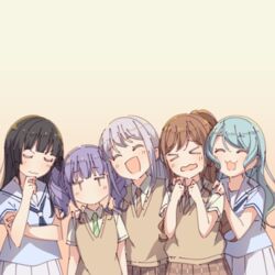  &gt;_&lt; 5girls :3 :d ^_^ aqua_hair ayasaka bad_id bad_twitter_id bang_dream! black_hair blue_neckwear blue_shirt brown_hair brown_necktie brown_skirt clenched_hands closed_eyes commentary_request green_necktie grey_hair half_updo hanasakigawa_school_uniform hand_on_own_chin hands_on_another&#039;s_shoulders hands_up haneoka_school_uniform hikawa_sayo imai_lisa jitome long_hair minato_yukina multiple_girls neckerchief necktie open_mouth personality_switch ponytail purple_hair roselia_(bang_dream!) school_uniform serafuku shirokane_rinko shirt short_sleeves sidelocks skirt smile striped striped_necktie sweater_vest tan_background twintails udagawa_ako wavy_mouth white_skirt 