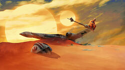  1boy barefoot blonde_hair commentary desert english_commentary helmet leaning_forward looking_up photoshop_(medium) pilot_suit rebel_pilot sand scenery science_fiction sitting smile solo spacecraft star_wars starfighter stefani_rennee t-65_x-wing tatooine unworn_headwear unworn_helmet wreckage x-wing 