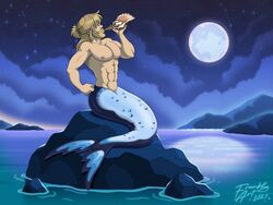  abs apode beard blonde_beard blonde_facial_hair blonde_hair blue_tail conch facial_hair flexing frankly-art glitter hair humanoid humanoid_taur legless light long_hair male manbun marine marine_taur merfolk moon moonlight navel nipples on_rock pecs rock sea seashell shell sitting sitting_on_rock solo sparkles split_form tail taur waist water 