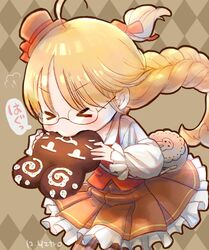  ^_^ ahoge animal_print bag biting blonde_hair blunt_bangs blush braid bread brown_dress chibi closed_eyes collared_shirt cowboy_shot diamond_(shape) dress eating female food happy hat holding holding_food long_hair made_in_abyss mini_hat mini_top_hat open_mouth orange_dress orange_hat pantyhose pinafore_dress pleated_dress rabbit_print red_vest riko_(made_in_abyss) shirt shoulder_bag sleeveless sleeveless_dress solo speech_bubble stitches striped_clothes striped_pantyhose top_hat toro_astro twin_braids twintails vertical-striped_clothes vertical-striped_pantyhose vest white_shirt 