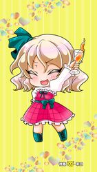  alcohol bad_id bad_twitter_id beer beerko blush bow chibi closed_eyes cross-laced_footwear cup dress drinking_glass female frilled_dress frilled_sleeves frills green_bow green_footwear green_ribbons green_sash hair_ribbon hand_on_own_hip highres juliet_sleeves light_brown_hair long_sleeves medium_hair open_mouth original plaid plaid_dress puffy_sleeves ribbon sash shachikuneko000 