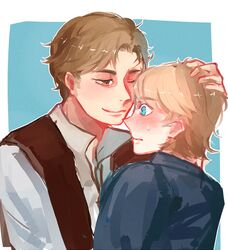  2boys a717677104 blonde_hair blue_background blue_eyes blush brown_eyes brown_hair han_solo luke_skywalker male_focus multiple_boys nervous one_eye_closed star_wars star_wars:_return_of_the_jedi yaoi 