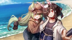  2girls akashi_(azur_lane) alternate_costume animal_ears azur_lane beach belt black_hair black_shirt blue_shorts bright_pupils cabbie_hat cat_ears choker coat commentary_request contemporary day diagonal_bangs ears_through_headwear eyewear_on_head fake_animal_ears green_hair hair_between_eyes hair_over_one_eye half_updo hat long_hair long_sleeves looking_at_viewer low-tied_long_hair multiple_girls open_clothes open_coat open_mouth outdoors parted_lips rabbit_ears red_choker red_eyes selfie shiranui_(azur_lane) shirt shirt_tucked_in short_hair short_shorts shorts sleeves_past_wrists white_belt yellow_eyes yu_ni_t 