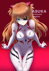  absurdres blue_eyes bodysuit breasts character_name closed_mouth eva_16-gouki evangelion:_3.0+1.0_thrice_upon_a_time eyepatch female gradient_background highres knees_up light_smile long_hair looking_at_viewer medium_breasts navel neon_genesis_evangelion orange_hair pilot_suit plugsuit rebuild_of_evangelion science_fiction simple_background sitting solo souryuu_asuka_langley thighs white_bodysuit 