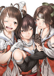  3girls antenna_hair black_gloves bow brown_eyes brown_hair buttons double-breasted double_bun elbow_gloves fingerless_gloves forehead_protector gloves green_bow hachimaki hair_bun hair_intakes hairbow half_updo headband highres jintsuu_(kancolle) jintsuu_kai_ni_(kancolle) kantai_collection kasu_(kasunohikari) long_hair multiple_girls naka_(kancolle) naka_kai_ni_(kancolle) one_eye_closed scarf school_uniform sendai_(kancolle) sendai_kai_ni_(kancolle) serafuku simple_background two_side_up white_background white_scarf 