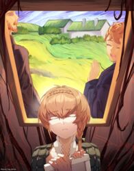  2boys :d ^_^ beard blue_jacket braid brown_background brown_hair brown_jacket closed_eyes crown_braid faceless faceless_male facial_hair facing_back facing_viewer fate/grand_order fate_(series) female grass hair_between_eyes hand_up highres holding house house_tag_denim jacket korean_commentary moustache multiple_boys painting_(object) parted_lips shirt short_hair siblings side_braid smile teeth theodorus_van_gogh_(fate) upper_body van_gogh_(fate) vincent_van_gogh_(person) vincent_van_gogh_(style) white_shirt 