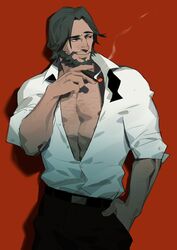  1boy abs absurdres bare_pectorals beard cassidy_(overwatch) chest_hair cigar cowboy_shot facial_hair hand_in_pocket highres horikwawataru looking_to_the_side male_focus manly mature_male muscular muscular_male nipple_slip nipples open_clothes open_shirt overwatch overwatch_1 pectorals shirt short_hair simple_background smile smoke smoking solo white_shirt 