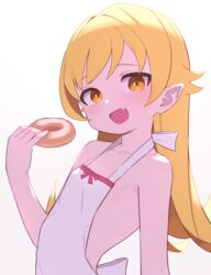  arched_back armpit_crease backless_dress backless_outfit blonde_hair blush collarbone doughnut dress eyelashes female film_grain flat_chest food gradient_background grey_background hand_up highres holding holding_food long_hair looking_at_viewer monogatari_(series) oerba_yun_fang open_mouth oshino_shinobu petite pointy_ears shadow shimizu_tomoki sidelocks skinny sleeveless sleeveless_dress solo upper_body vampire white_background white_dress yellow_eyes 