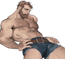  1boy abs arm_hair bara beard belt brown_hair bulge chest_hair denim denim_shorts facial_hair feet_out_of_frame hairy horikwawataru large_pectorals leather_belt leg_hair male_focus mature_male moustache muscular muscular_male navel navel_hair nipples original pectorals short_hair shorts solo stomach thick_thighs thighs topless_male very_hairy 